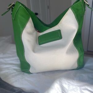 Kate Spade Green leather & cream canvas bag